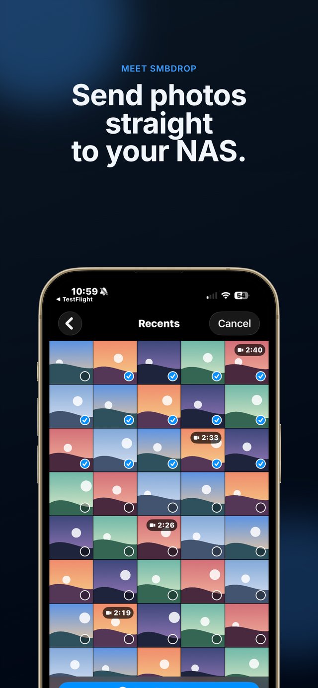 Selecting photos in SMBDrop with a Send button ready