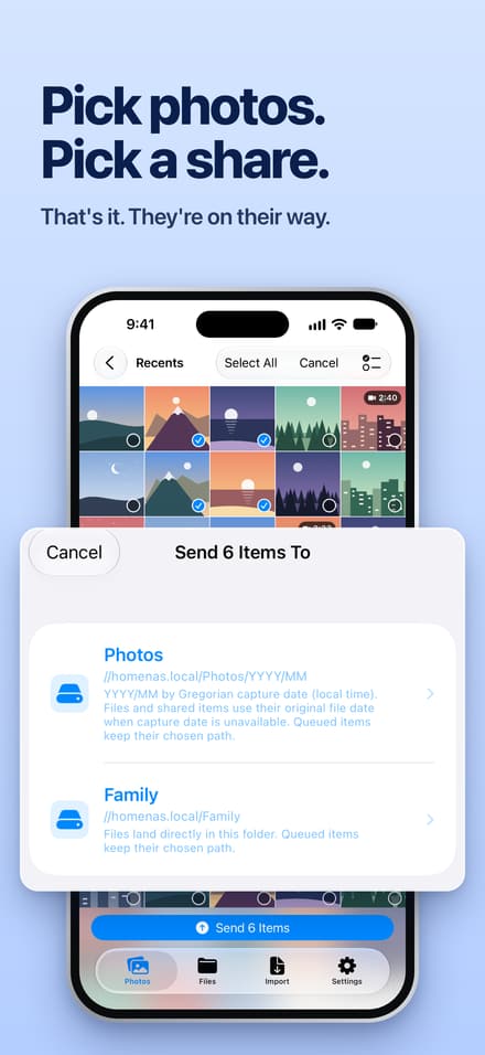 Six selected photos in SMBDrop with a choice of saved destination shares.