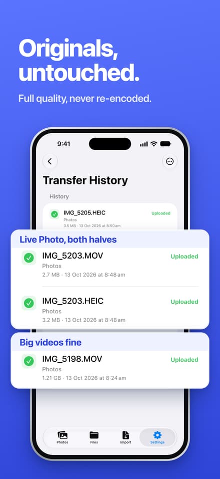 SMBDrop screens illustrating original photo and video files, including a Live Photo.