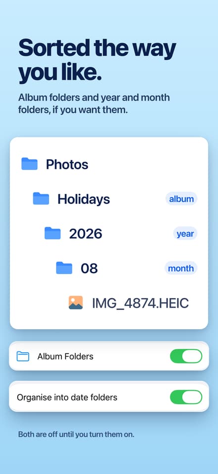SMBDrop settings for optional album and year and month folder organisation.