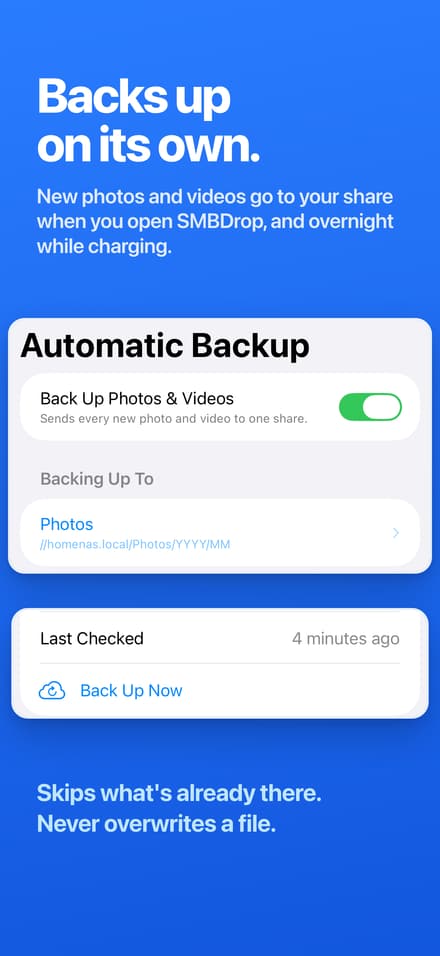 Automatic Backup settings showing the switch, destination share and last checked time.