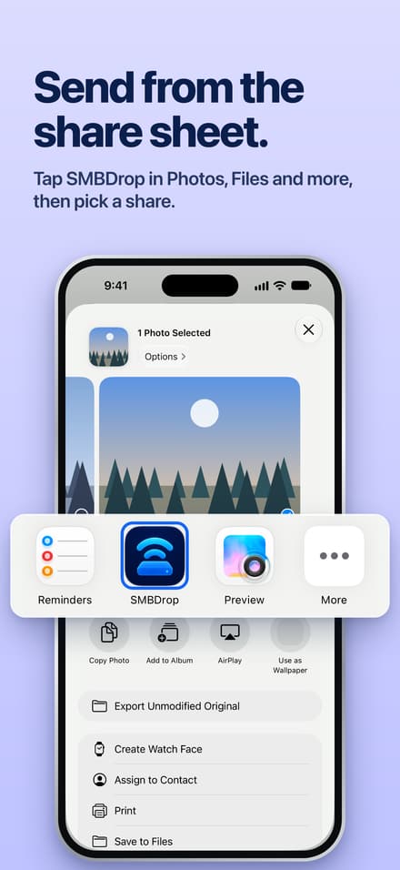The iPhone Photos share sheet showing SMBDrop as a destination for a selected photo.