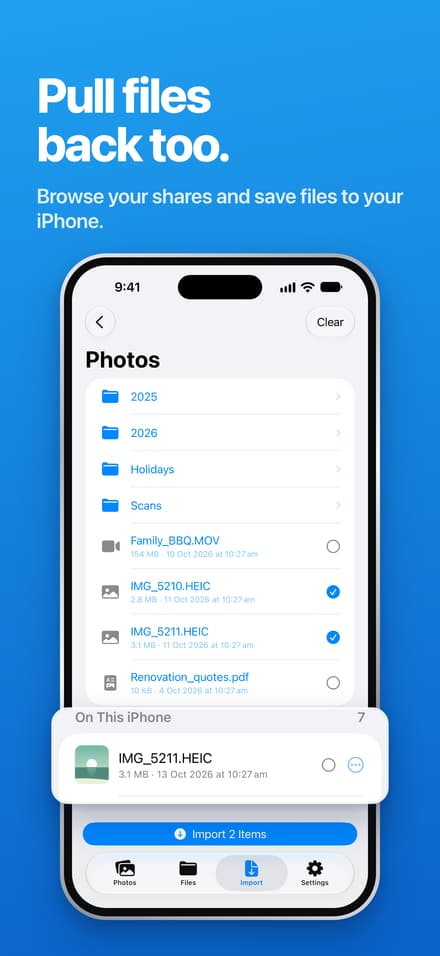 SMBDrop Import screen browsing files on a share and bringing one back to iPhone.