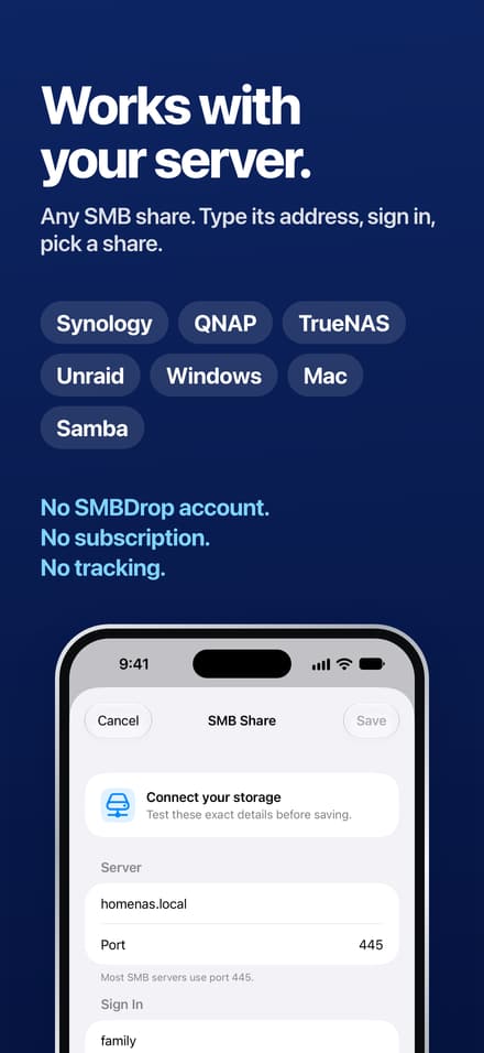 SMBDrop server connection form showing address, port and sign-in fields.